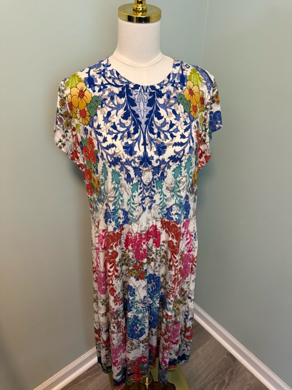 Johnny Was Shellinay Tiered Tea Length Dress Floral Boho Luxury Multi Color M - Picture 2 of 5
